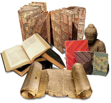 A collage with scrolls and books
