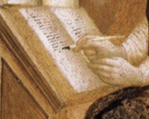 Masolino, St Jerome, Detail of Hands, 1435, Fresco Baptistery, Castiglione Olona