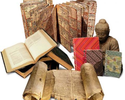 A collage with scrolls and books